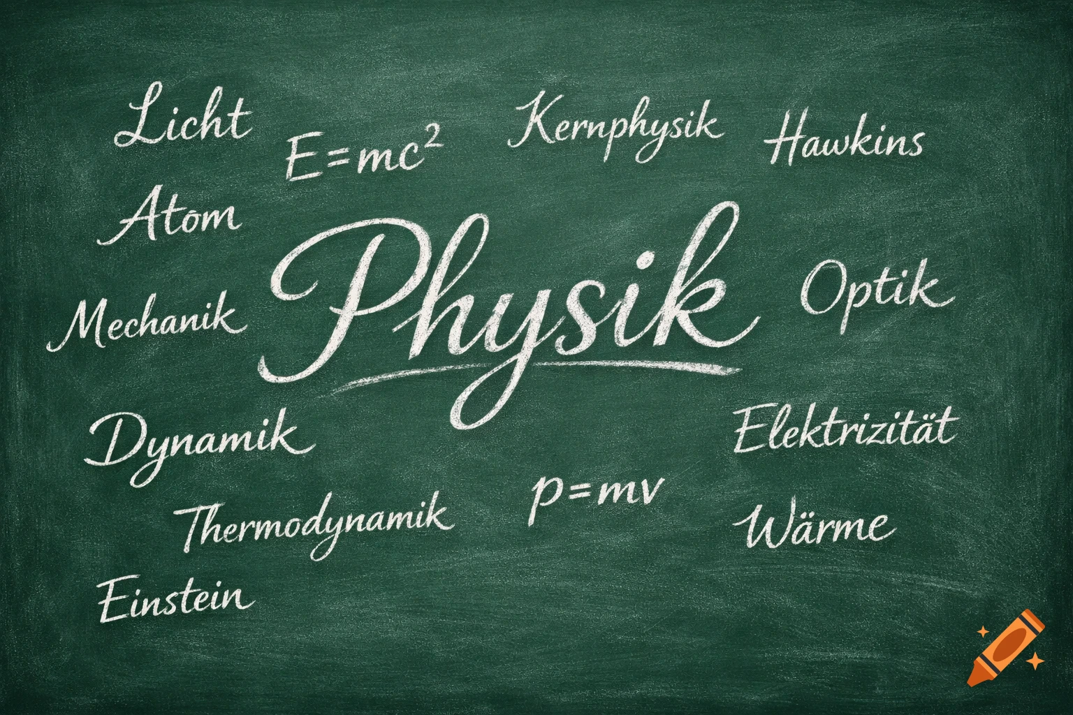 A green chalkboard with white chalk writing lists various physics terms and formulas, including 'Physik' in the center.