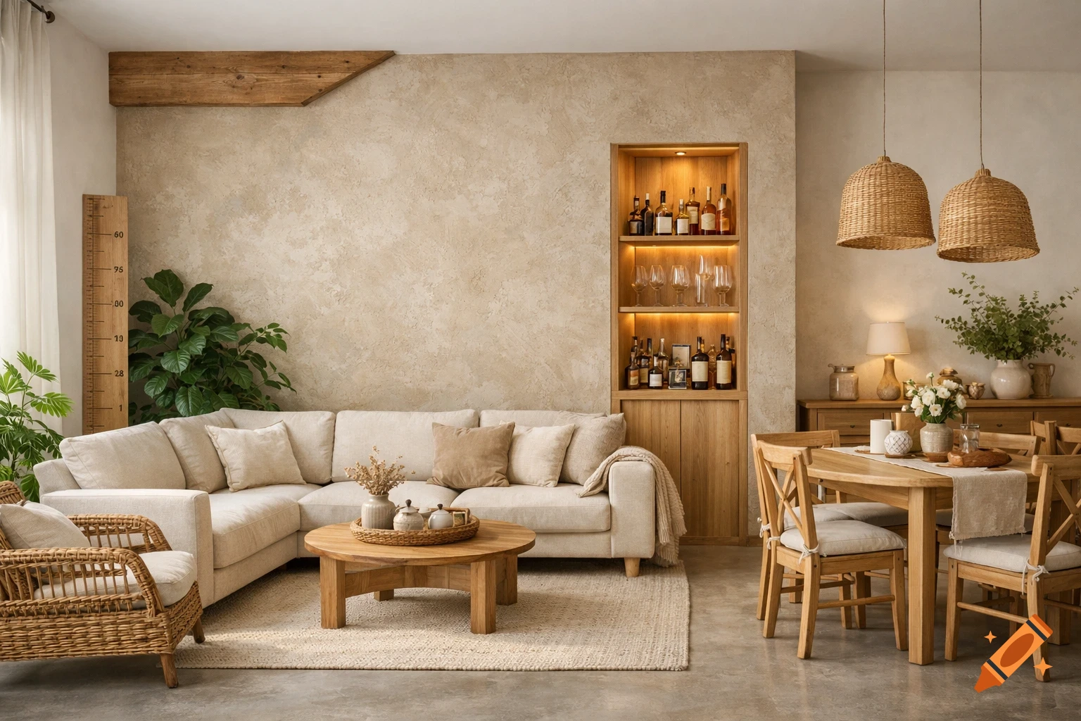 A realistic, warm-toned living and dining room in Japandi and country chic style, featuring a beige sofa, wooden furniture, and a built-in bar.
