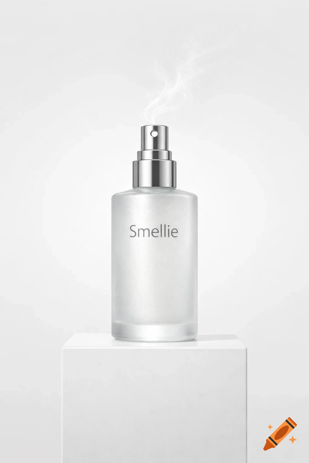 Photorealistic image of a frosted glass perfume bottle labeled 'Smellie' spraying mist, on a white pedestal.