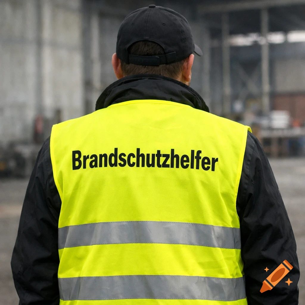 Photorealistic image of a person seen from behind, wearing a yellow safety vest with 'Brandschutzhelfer' written on it.
