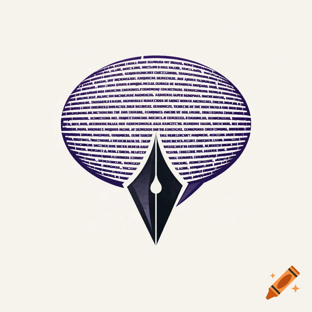 Minimalist logo: speech bubble of text lines above a fountain pen nib, in purple, black, and off-white.
