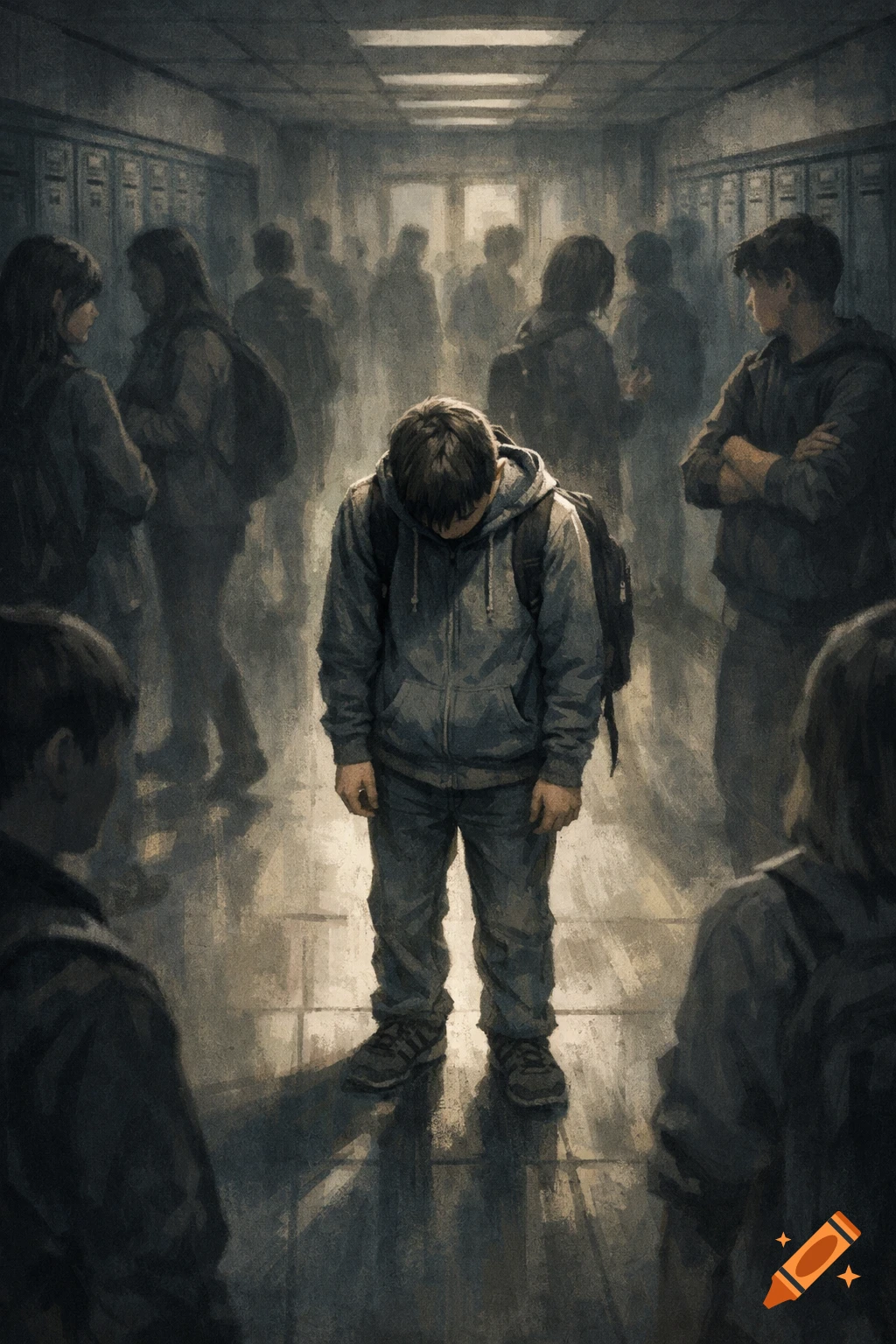 Dark, painterly illustration of a sad male student looking down in a crowded school hallway, conveying isolation.