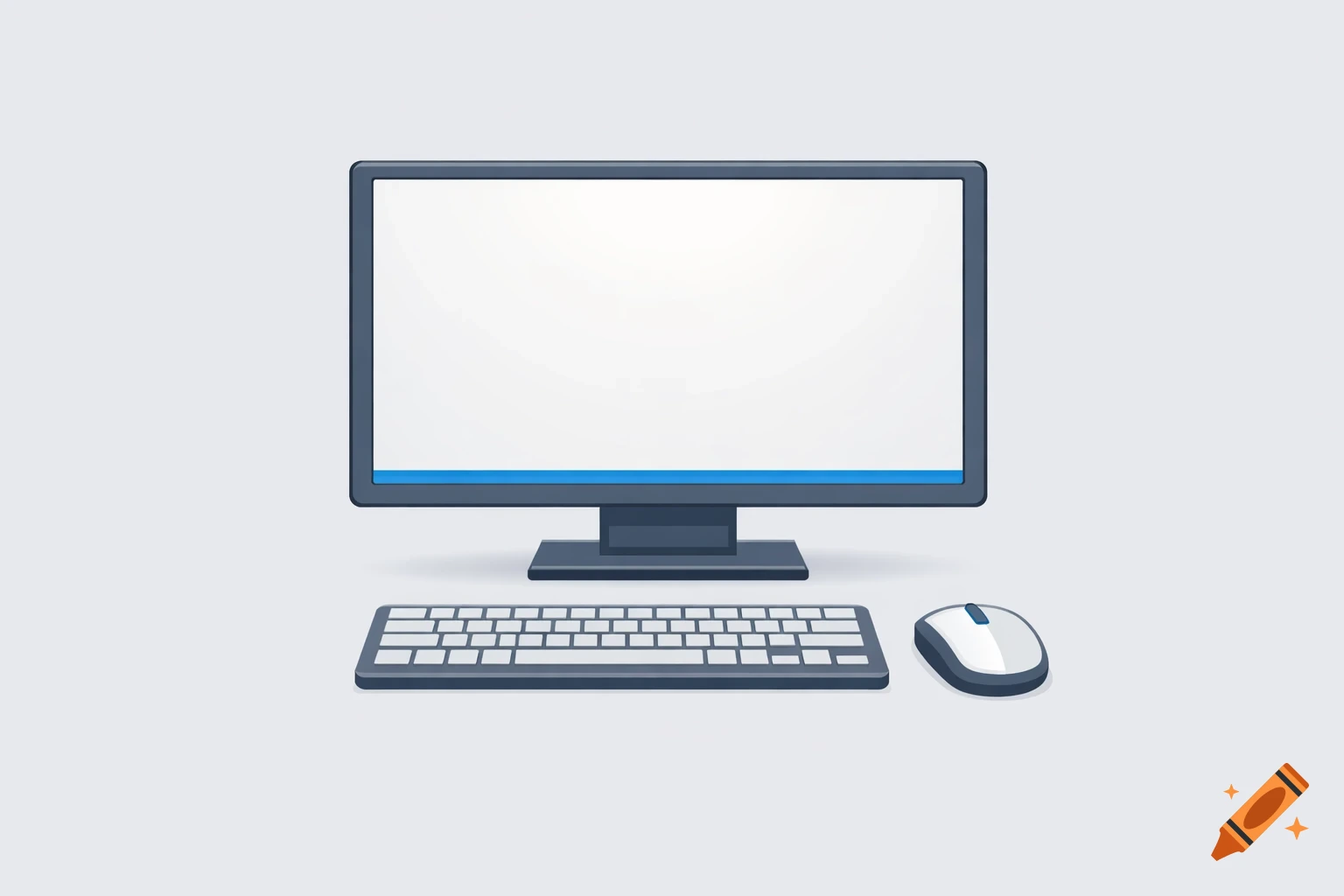 A simple flat illustration of a desktop computer setup with a monitor, keyboard, and mouse.