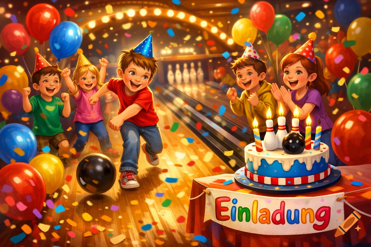 Vibrant illustration of children celebrating a birthday at a bowling alley with a cake and balloons.