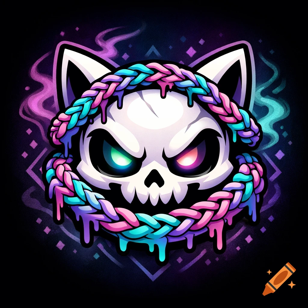 Cartoonish cat skull logo with glowing eyes, wearing neon pastel braided bands, dripping colors, against a dark background.