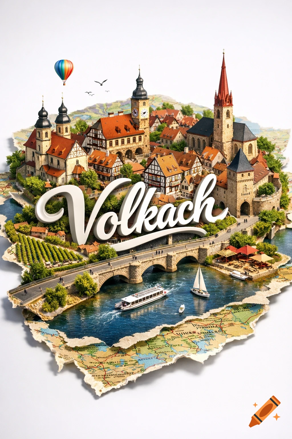 A stylized 3D miniature model of the town Volkach, with its buildings, river, bridge, and vineyards, set on a torn map base. The name 'Volkach' is in large 3D letters. A hot air balloon and birds are in the sky.