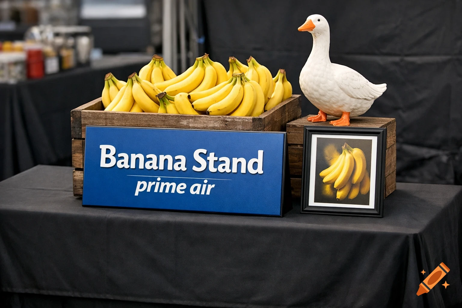A photorealistic image of a banana stand with a blue sign, a crate of bananas, a white ceramic goose figurine, and a framed banana picture on a black table.