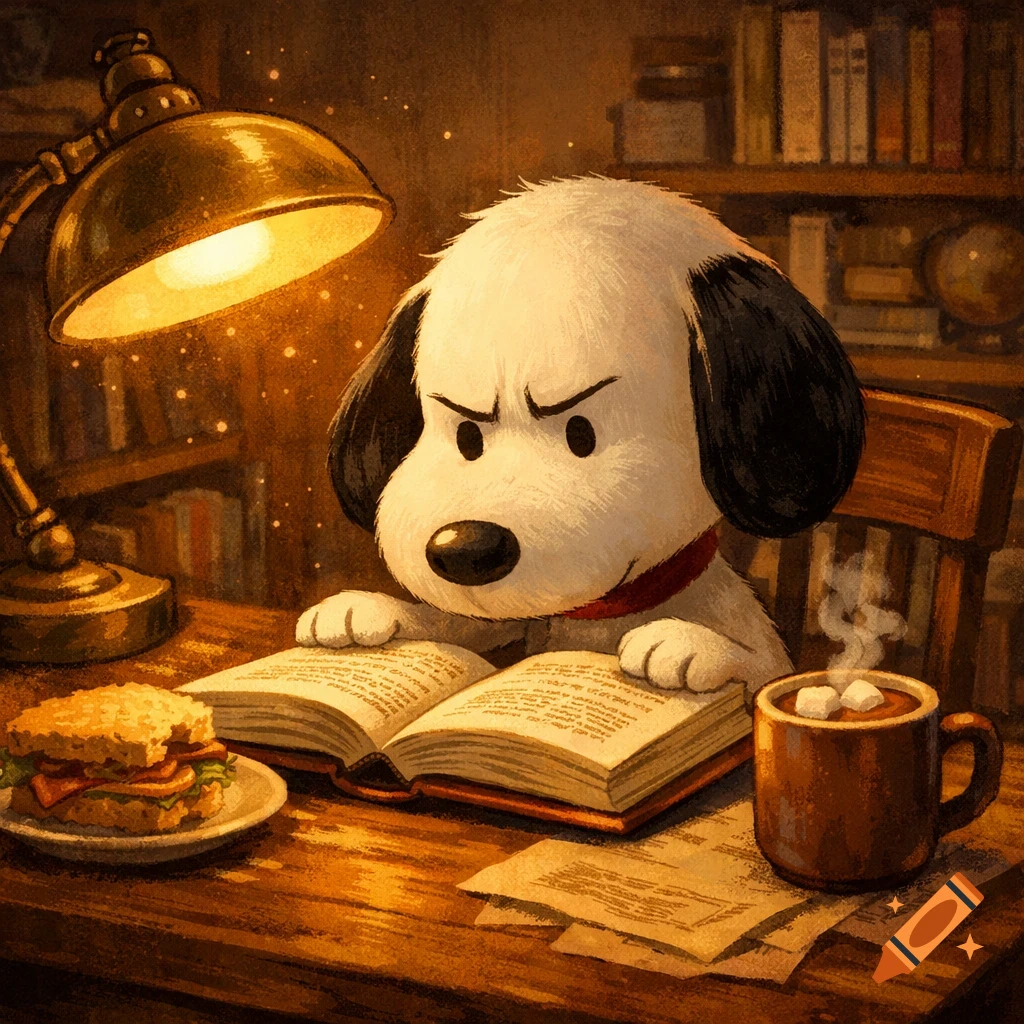Snoopy with a stern expression, reading an open book at a wooden desk under a warm lamp, next to a burger and hot cocoa.