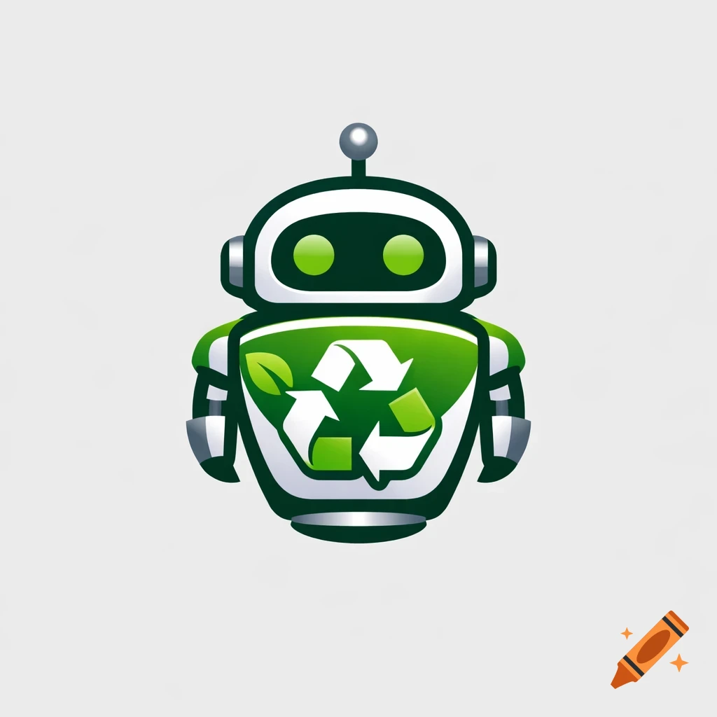 A cartoon robot logo with a green body, white head, and a green recycling symbol on its chest with a small leaf.