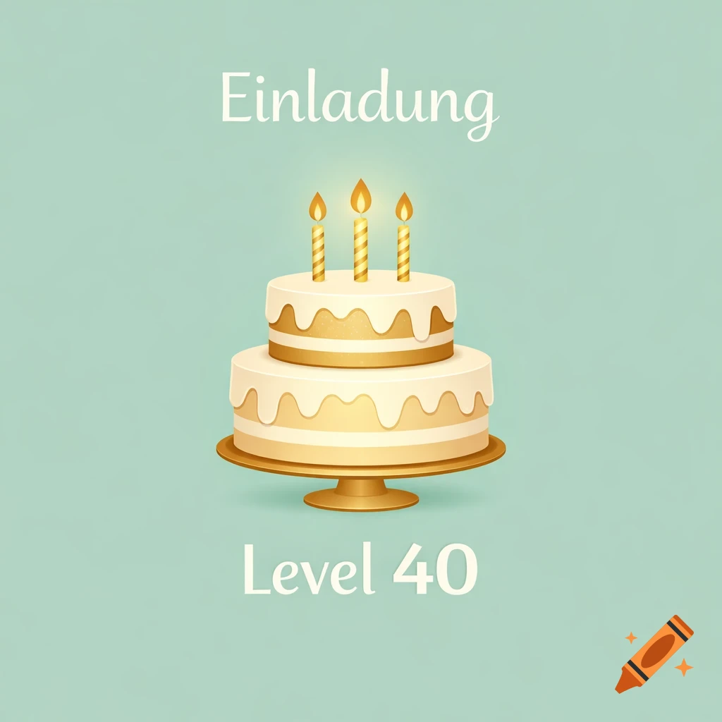 A stylized two-tier birthday cake with three lit candles on a pale green background, with 'Einladung' above and 'Level 40' below.