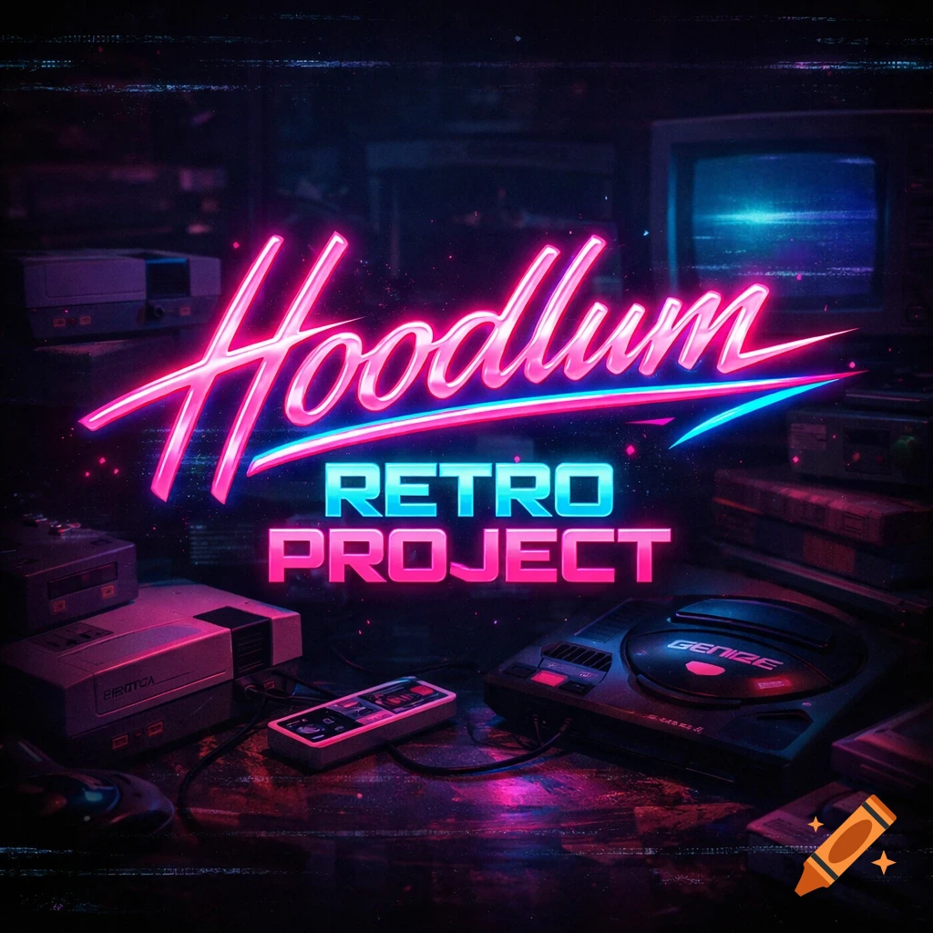 Neon pink and blue 'Hoodlum Retro Project' logo above classic video game consoles in a dark, synthwave-style room.