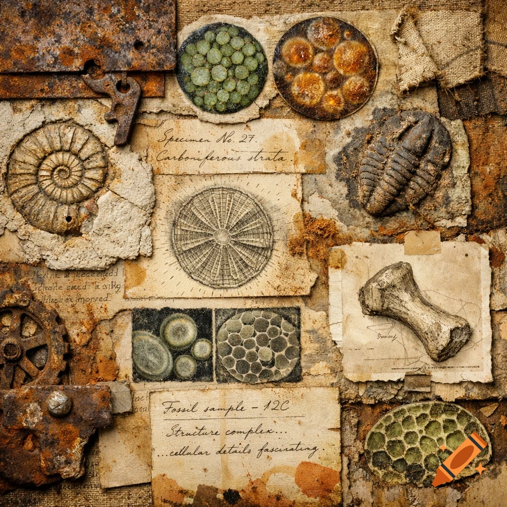 A detailed mixed media collage displaying fossils, microscopic cells, rusted metal, and handwritten notes on aged paper, in earthy tones.