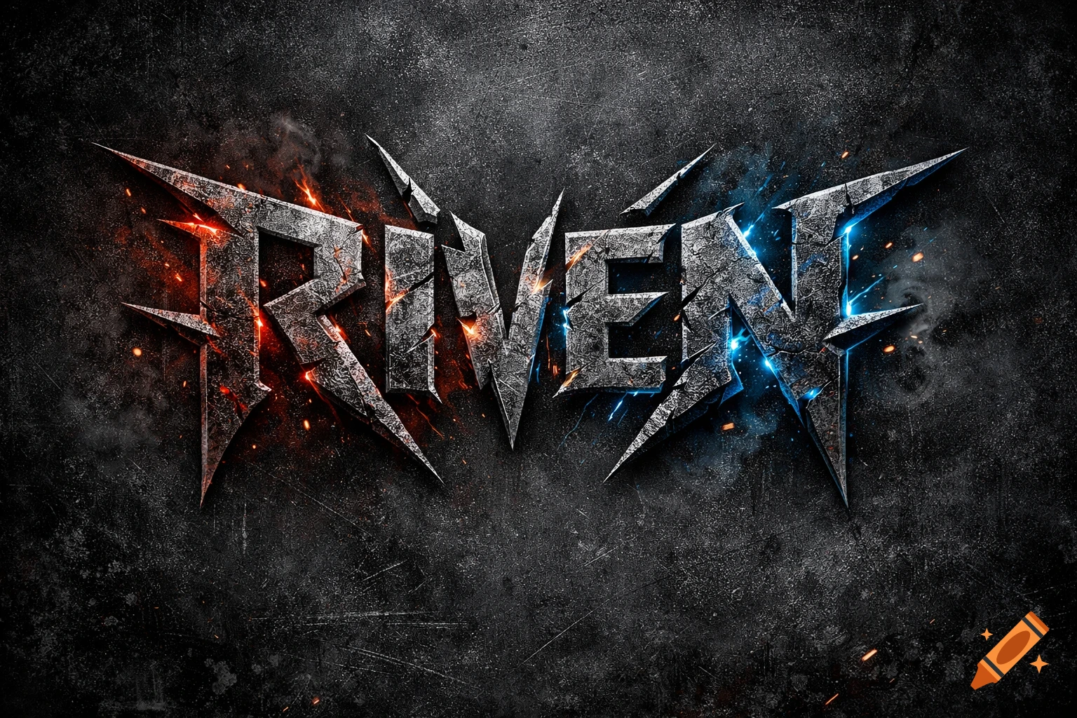 A dark, cracked metal logo for 'RIVEN' with a heavy metal style, glowing red on the left and blue on the right on a textured background.