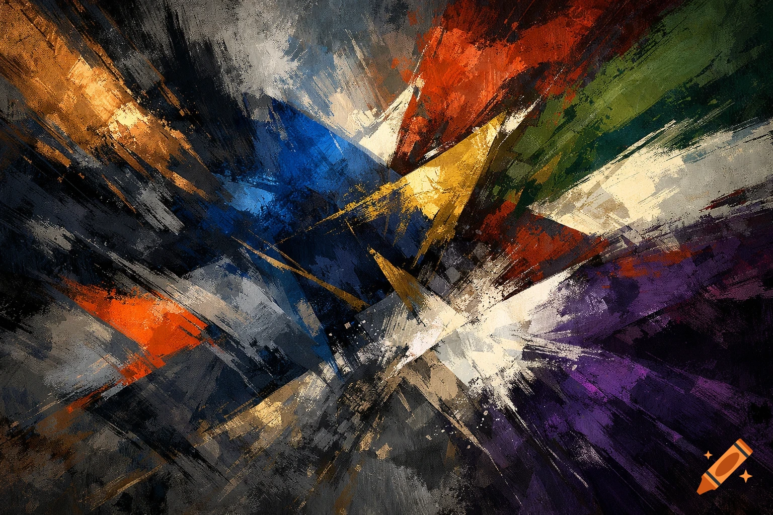 An abstract painting with dynamic, intersecting brushstrokes in gold, blue, red, green, purple, orange, and various shades of grey and black.