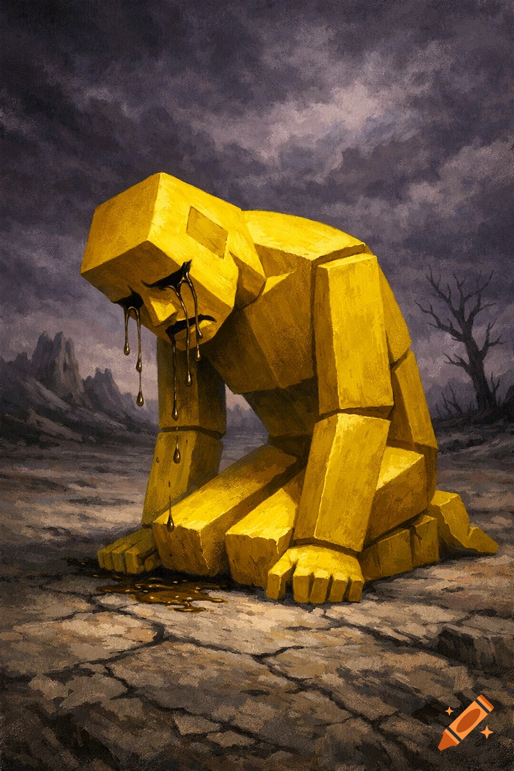 A yellow, rectangular prism figure kneels in despair on cracked earth, crying dark tears under a stormy sky.