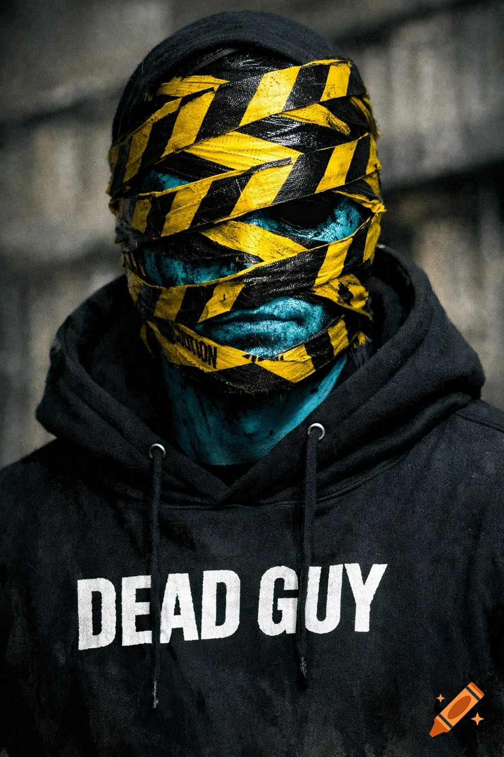 Close-up photorealistic portrait of a person with a cyan face wrapped in yellow and black caution tape, wearing a black hoodie that says "DEAD GUY" in white text.