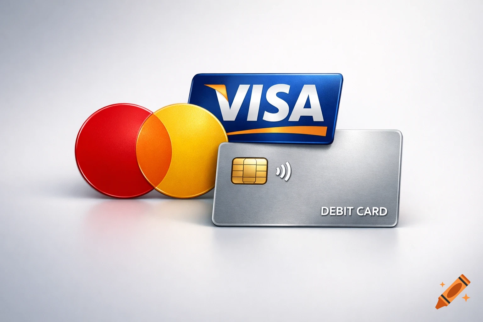 Photorealistic image of a blue VISA logo card, red and orange Mastercard logo circles, and a silver debit card.