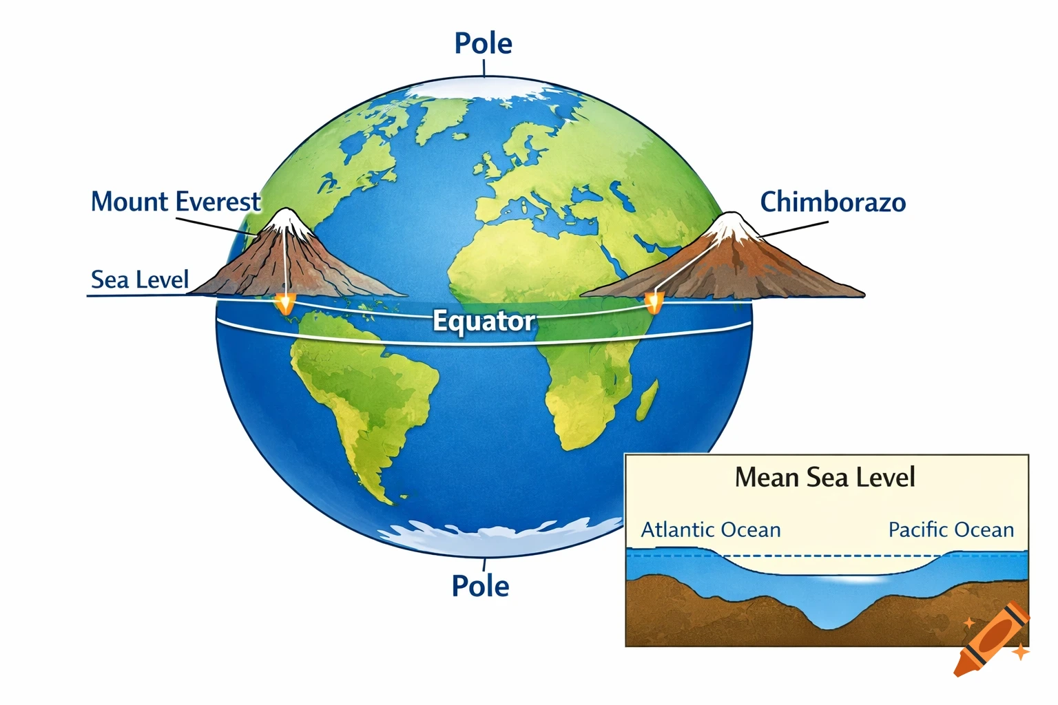 Educational infographic of Earth as an oblate spheroid with Mount Everest and Chimborazo, showing sea level and mean sea level in oceans.