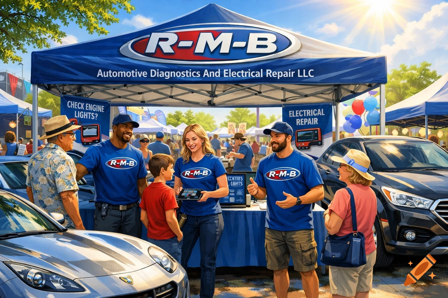 An R-M-B Automotive Diagnostics and Electrical Repair LLC booth at a community event, with smiling staff in blue shirts interacting with customers next to cars.