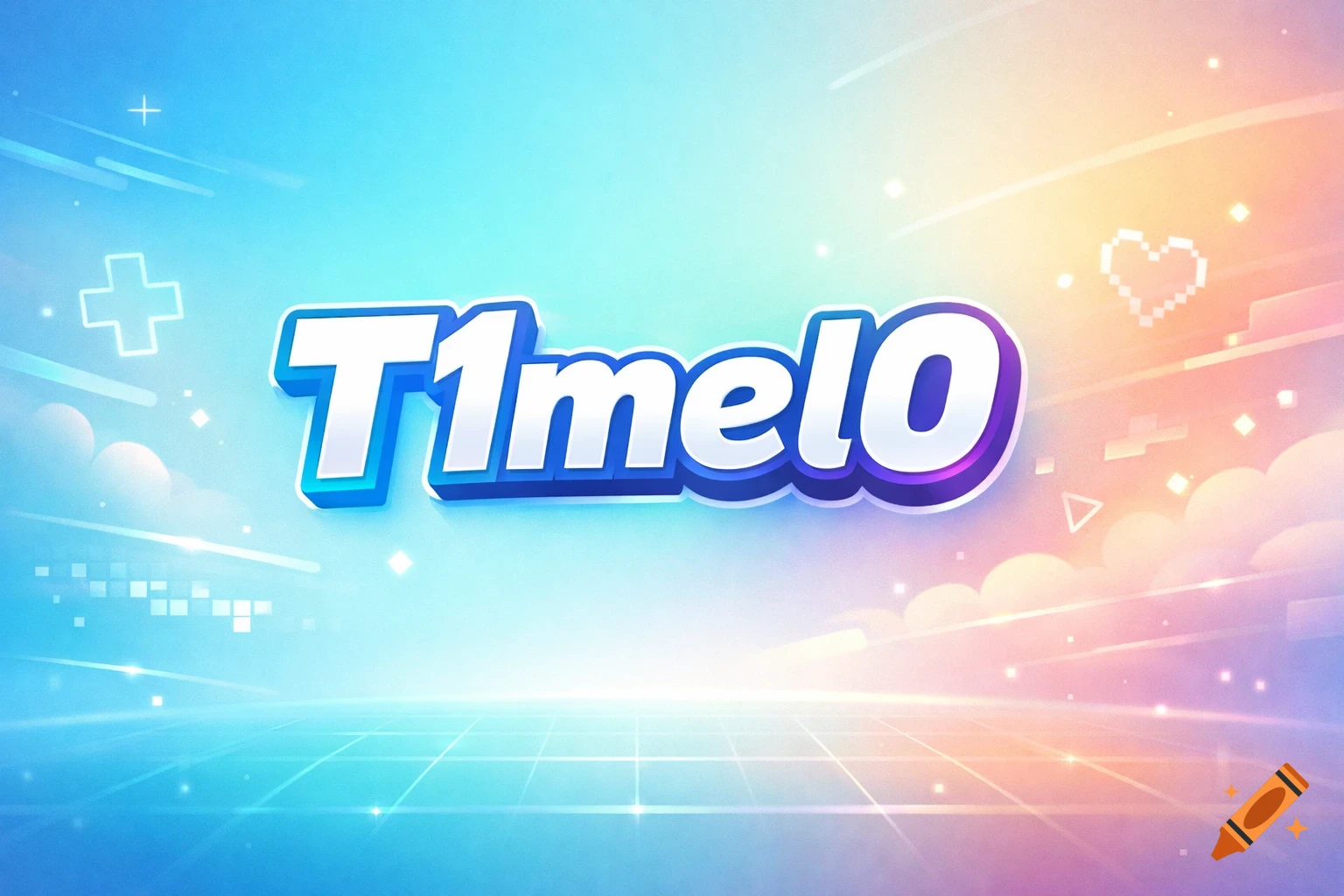 A modern Twitch banner featuring the name "T1mel0" in bold blue and purple 3D text, set against a bright pastel gradient background with subtle gaming icons.