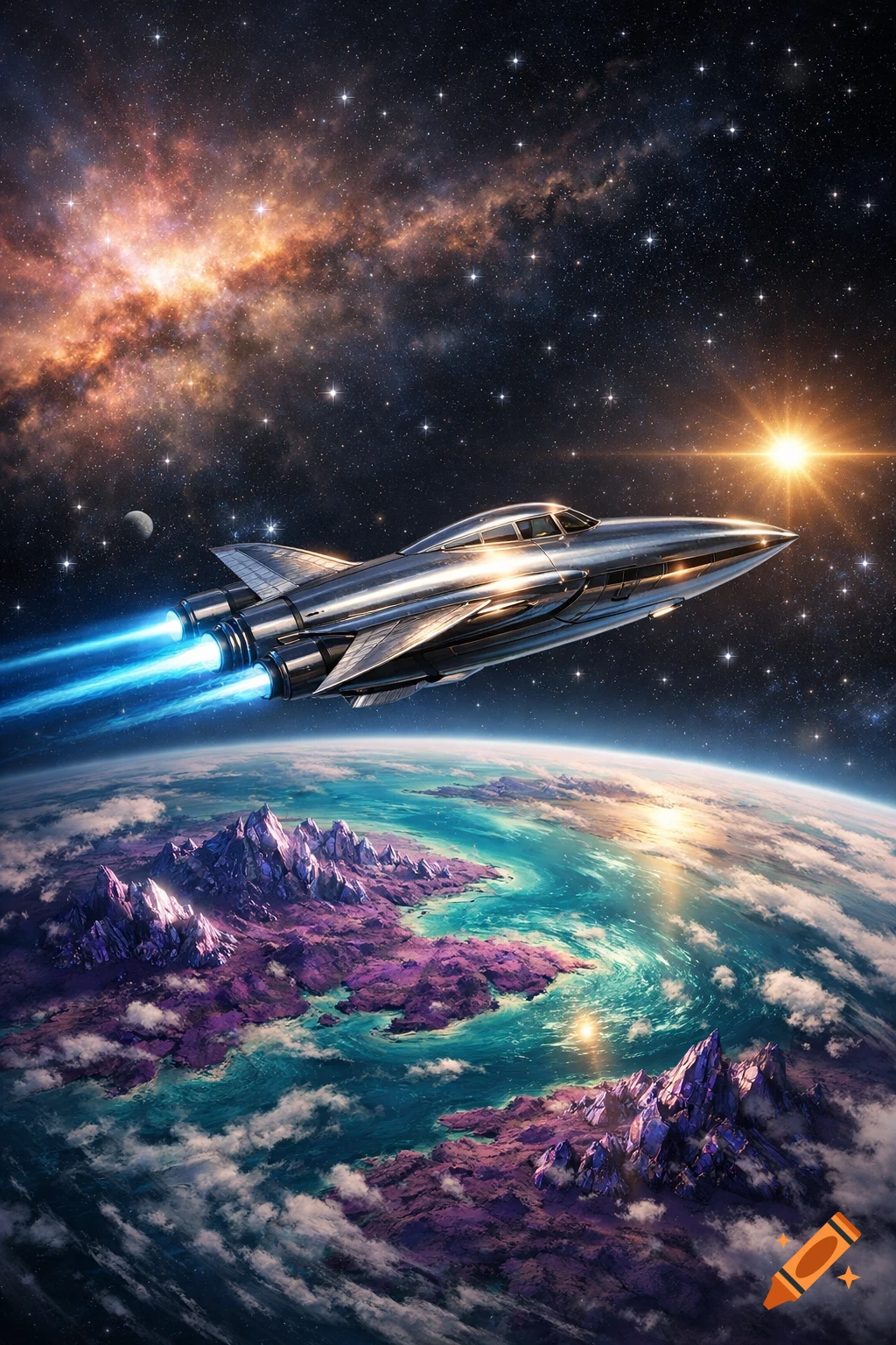 A sleek silver spaceship with blue exhaust trails flies over a vibrant alien planet with purple mountains and teal oceans under a star-filled galaxy.