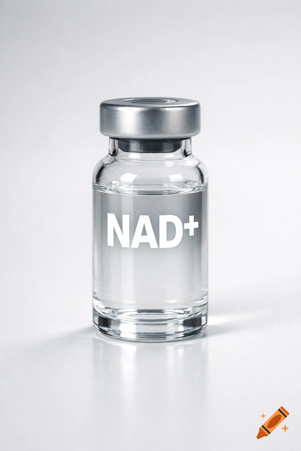 A clear glass vial with a silver cap, containing a clear liquid, labeled 'NAD+' in white letters.
