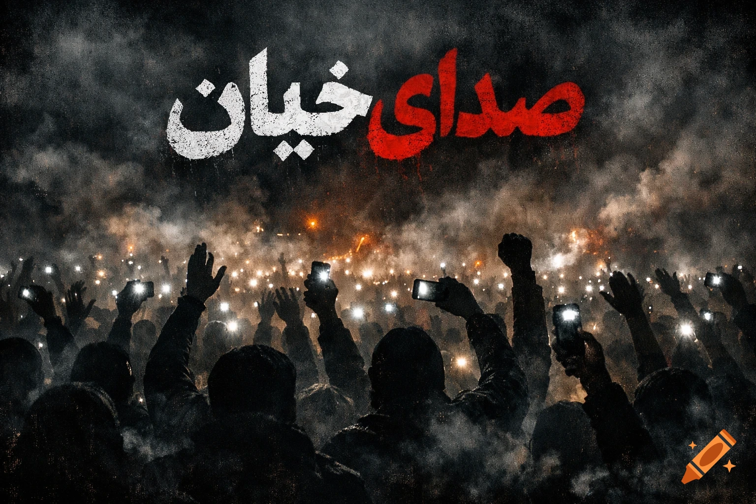 Silhouetted crowd at a night protest, hands raised with glowing phones under Farsi text 'صدای خیابان' (Sound of the Street) in a smoky, dark, grunge style.