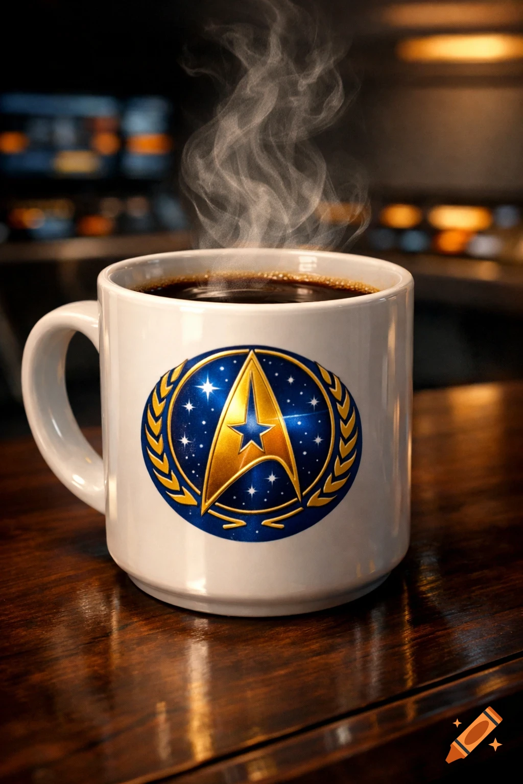 A white coffee mug with a gold and blue Star Trek Federation logo, filled with steaming hot coffee on a wooden table.