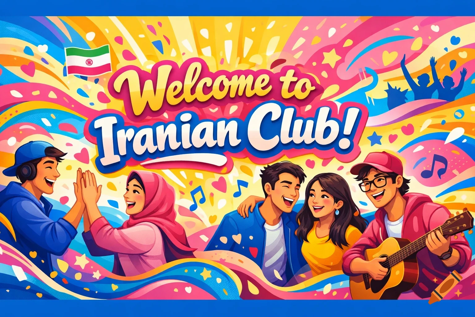 A vibrant cartoon illustration banner reading 'Welcome to Iranian Club!', featuring smiling young people, confetti, and music notes.