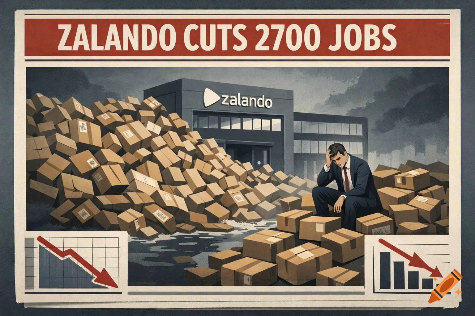 Illustrated graphic of a distressed man sitting on a pile of boxes outside a Zalando building, under a headline: ZALANDO CUTS 2700 JOBS.