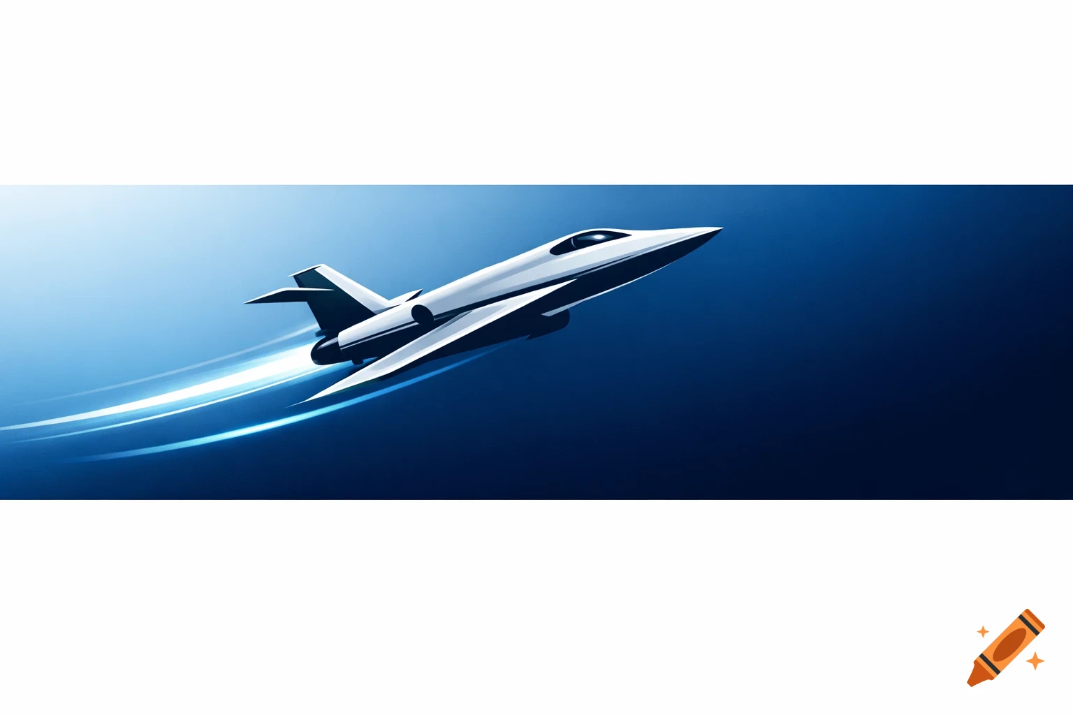 A stylized white and black jet aircraft flying diagonally upwards across a blue background with light trails.