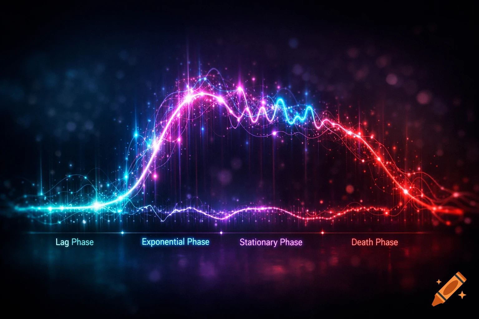 A vibrant, glowing abstract graph showing four distinct phases: Lag, Exponential, Stationary, and Death, against a dark background.