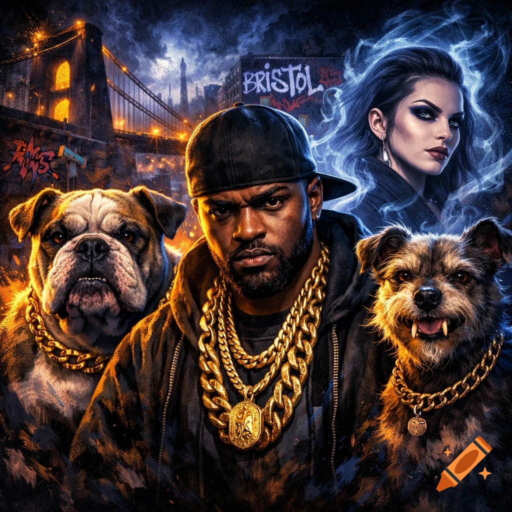 A stylized album cover featuring a man with gold chains, a bulldog, and a small dog, with a ghostly woman and an urban bridge cityscape in the background.