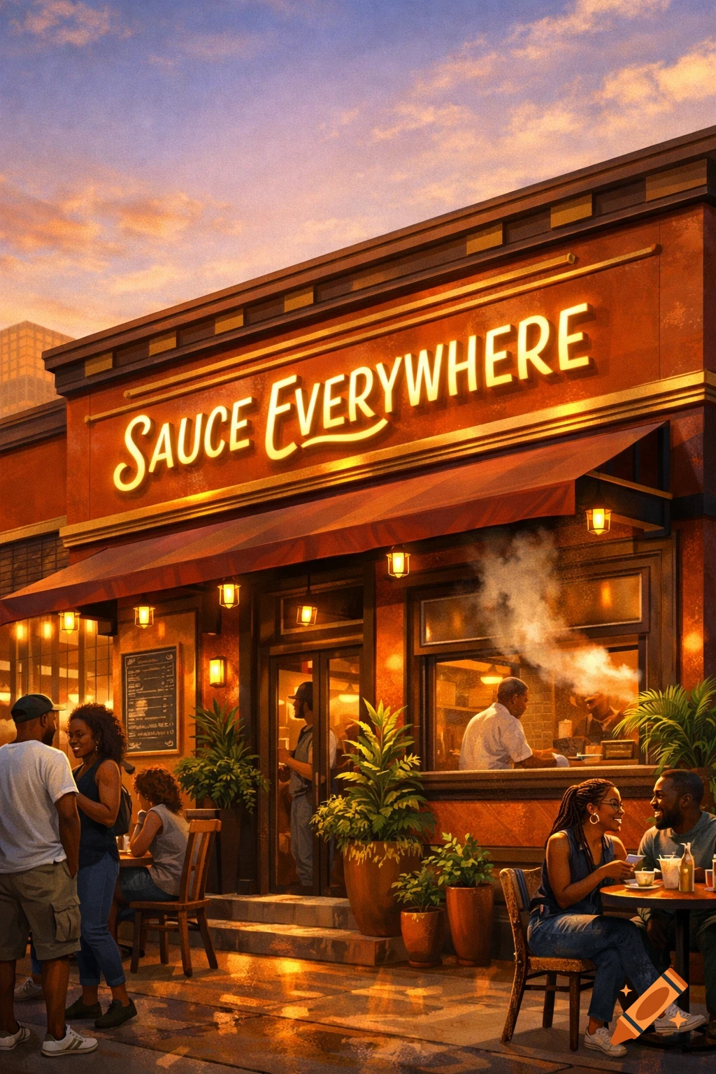 A vibrant street scene outside a restaurant called "Sauce Everywhere" at sunset, with people dining and socializing.