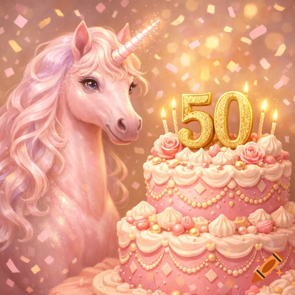 A pink unicorn stands next to a two-tier pink birthday cake topped with golden '50' numbers and lit candles, surrounded by glitter.