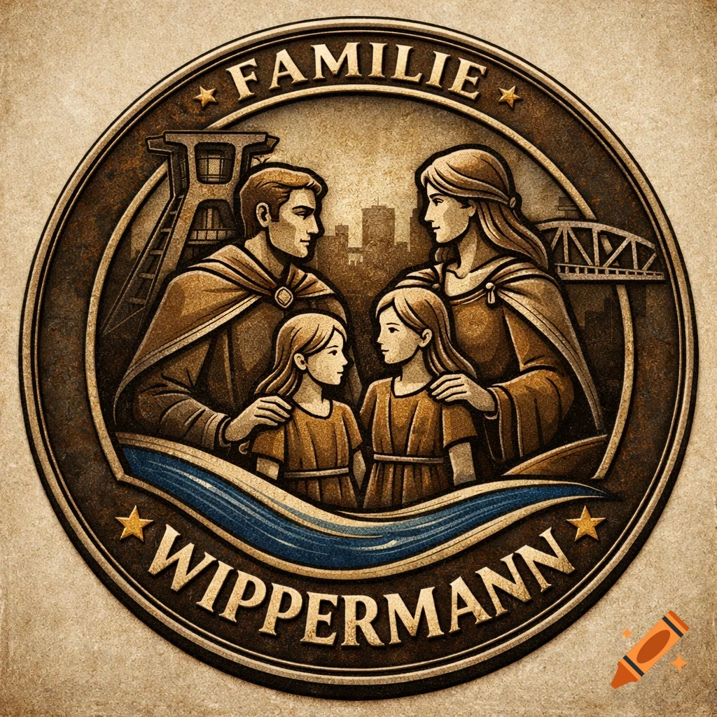 A circular, metallic-style family crest depicts a family of four (two parents, two daughters) with industrial elements and a bridge in the background, a blue river below them, and the words "FAMILIE" and "WIPPERMANN" around the border.