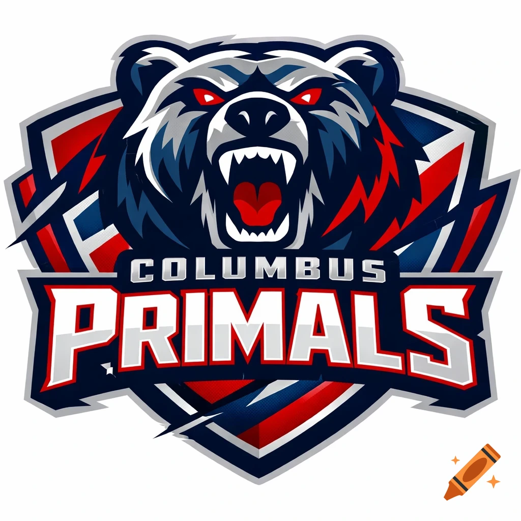 A fierce bear head sports logo with red eyes and bared teeth, stylized in blue, red, and white, with the text 'COLUMBUS PRIMALS'.
