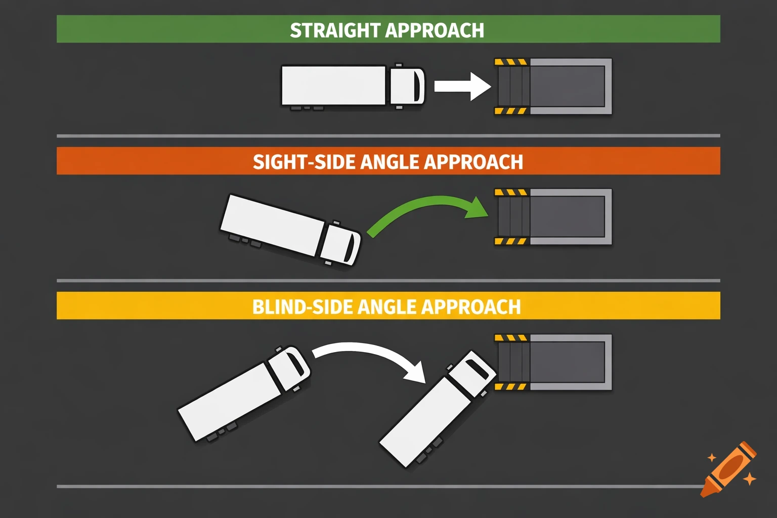 Three top-down diagrams show a truck backing into a dock using straight, sight-side angle, and blind-side angle approaches.
