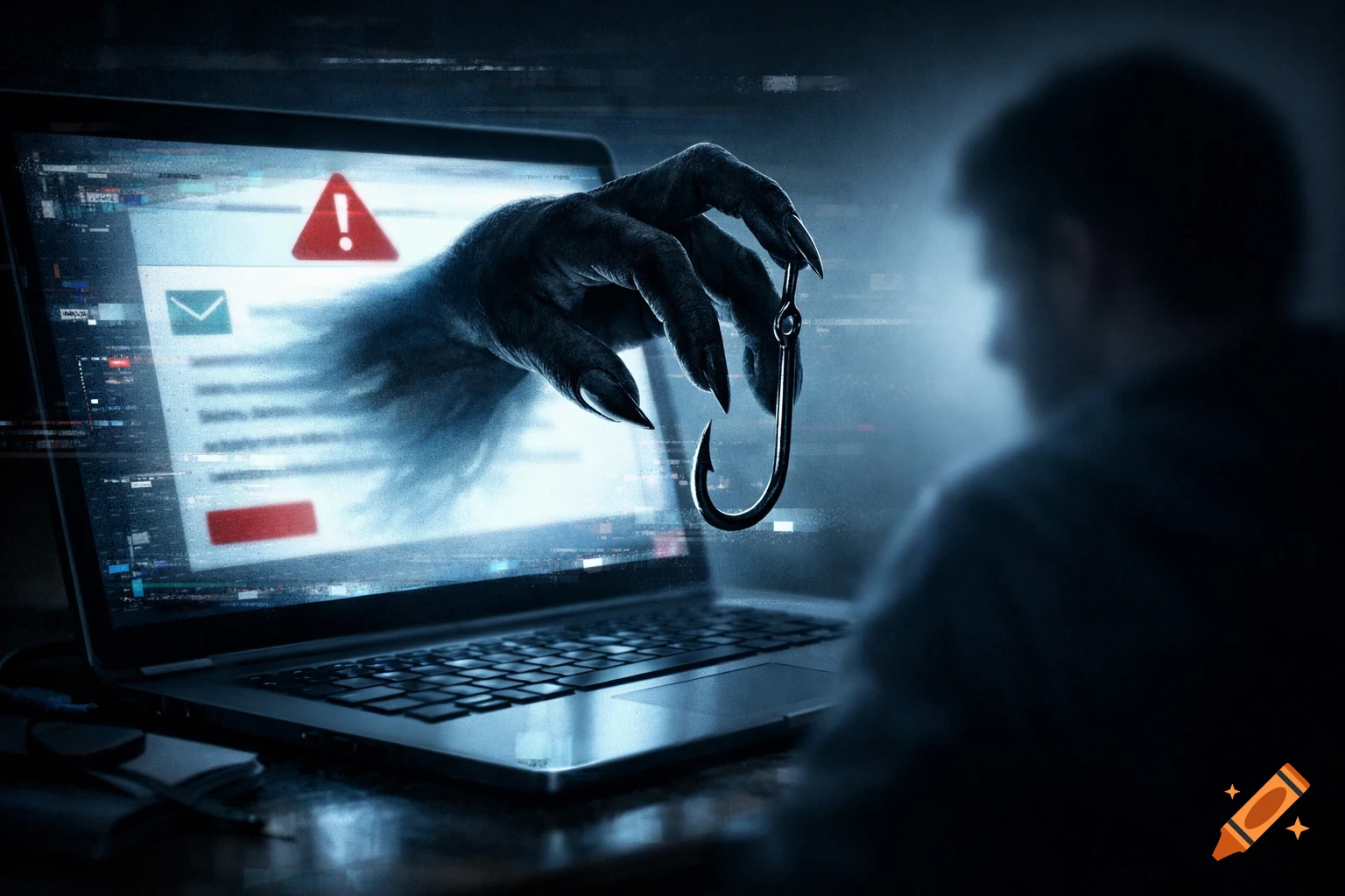 A monstrous, shadowy hand with long claws emerges from a laptop screen, holding a shiny fishing hook toward a blurry person. The screen displays a suspicious email with a red warning symbol, all bathed in a dark, cool blue light, depicting phishing.