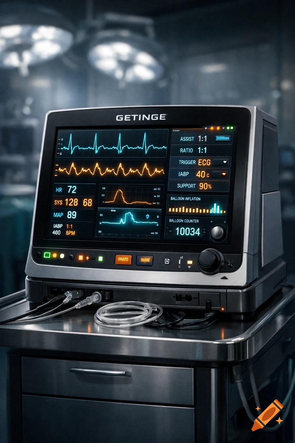 Photorealistic image of a GETINGE intra-aortic balloon pump console displaying vital signs and data in a dimly lit operating room.