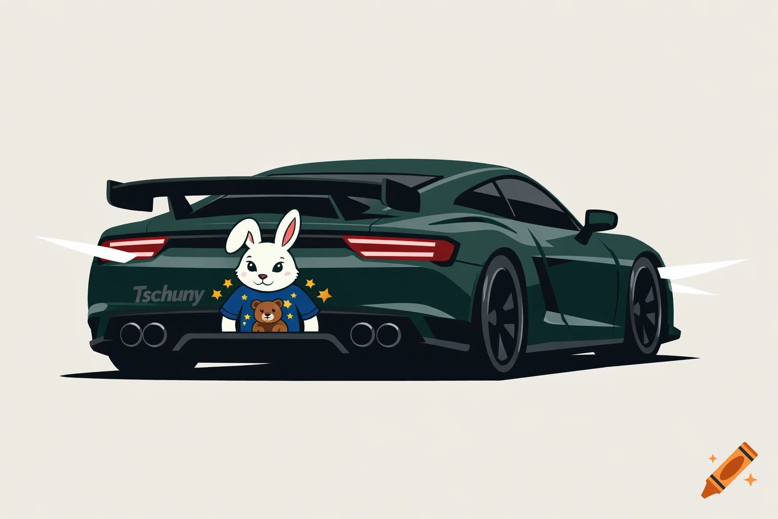 Cartoon of a dark green sports car with a spoiler, "Tschuny" text, and a bunny wearing a blue star-and-bear shirt on the back.