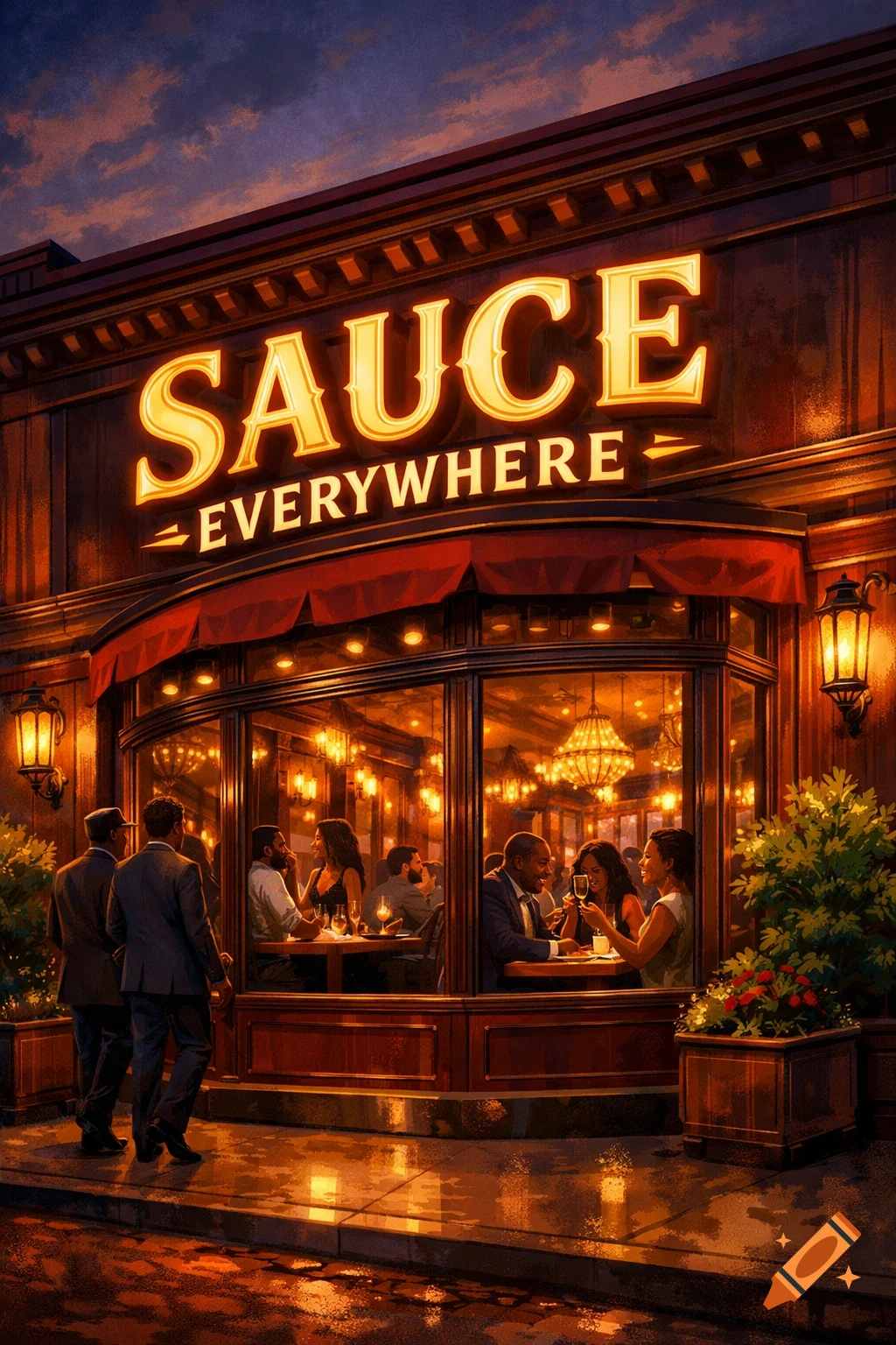 An illuminated restaurant named "SAUCE EVERYWHERE" at dusk, with diners visible through large windows and two men walking outside.