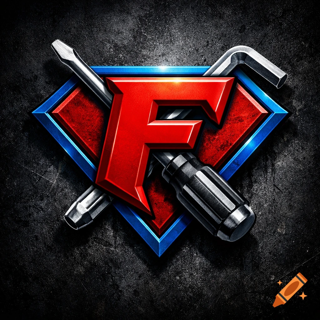 A stylized red letter F in a superhero diamond emblem with a blue border, crossed by a screwdriver and an Allen key on a dark textured background.