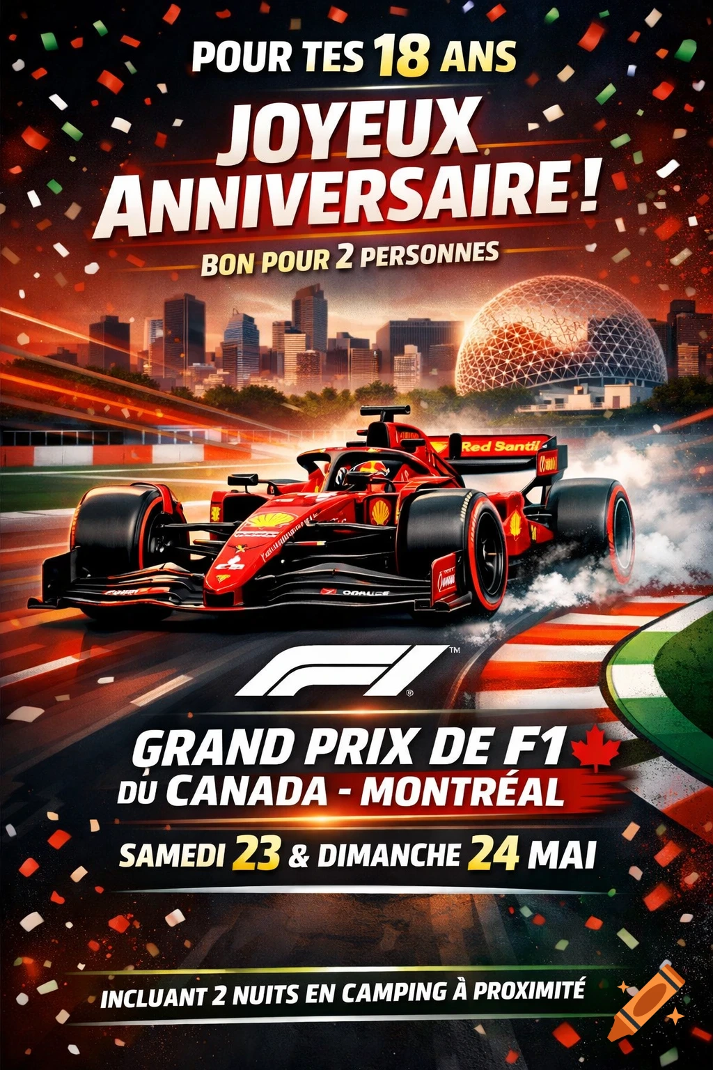 An invitation poster for the F1 Grand Prix of Canada in Montreal, featuring a red F1 race car on a track with a city skyline in the background, surrounded by confetti. Text reads 'Happy 18th Birthday' and event details.