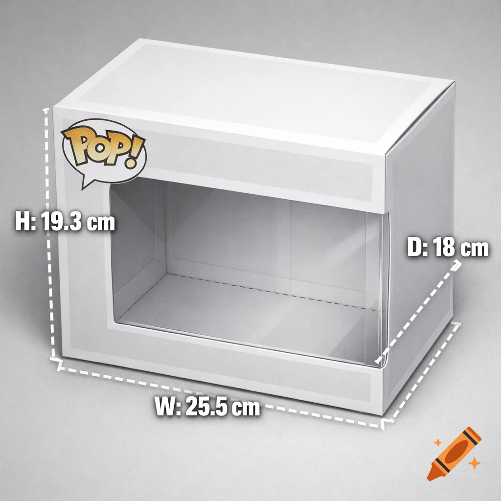 A white Funko Pop box with a clear window, displaying height (19.3 cm), width (25.5 cm), and depth (18 cm) measurements.