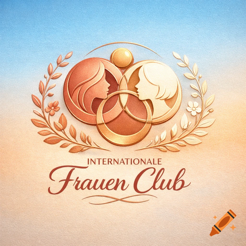 An embossed golden logo for 'Internationale Frauen Club' with two stylized female profiles, laurel wreaths, and circles on a gradient background.