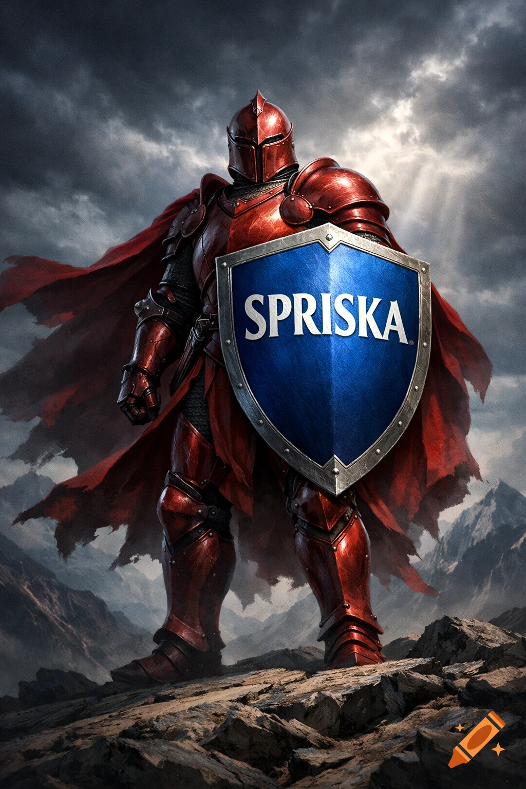 A formidable knight in red armor and cape stands on rocky ground, holding a blue shield with 'SPRISKA' written on it, under a dramatic cloudy sky.