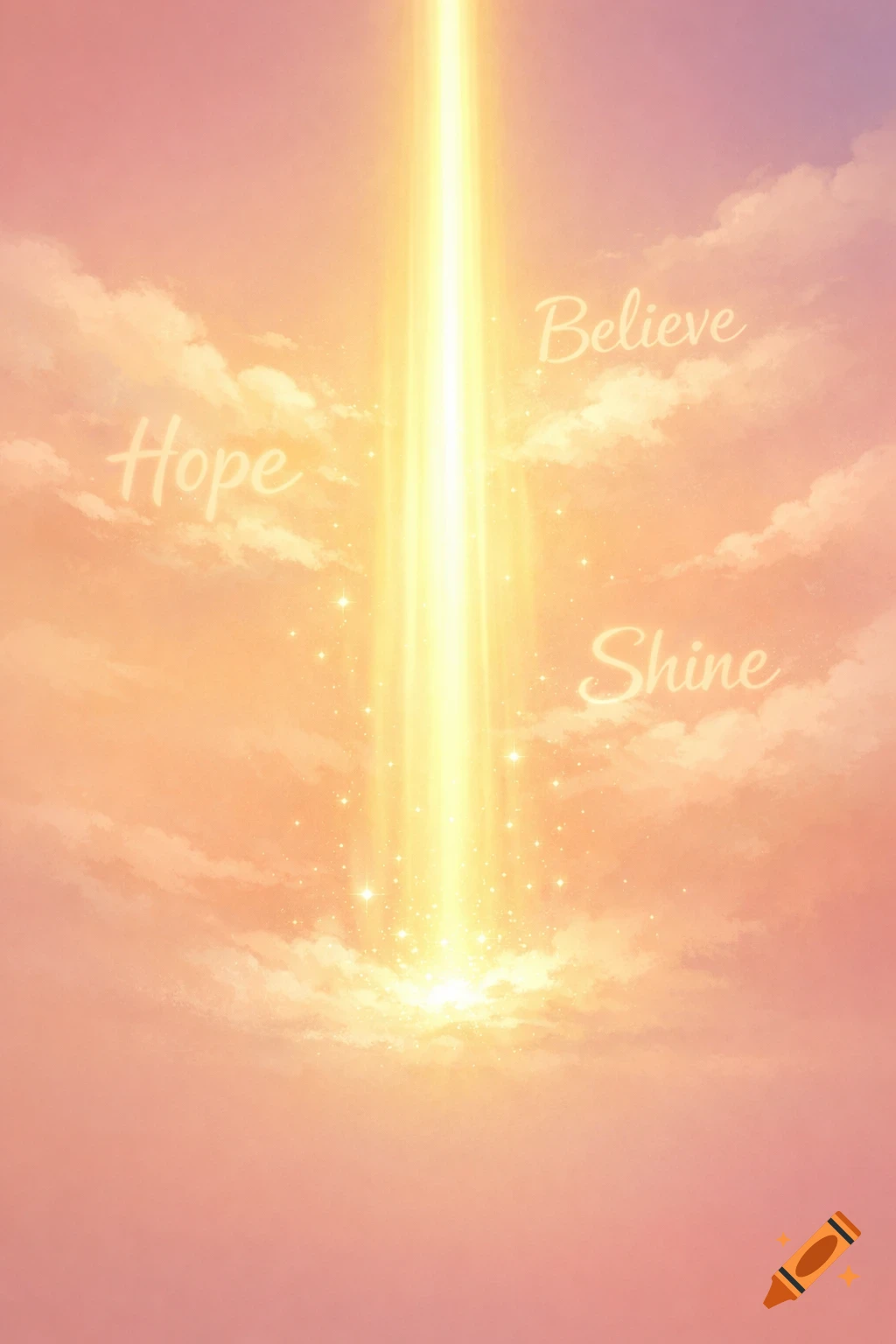 A sky with pink and orange clouds, a bright beam of golden light, and the words 'Hope,' 'Believe,' and 'Shine' floating among the clouds.
