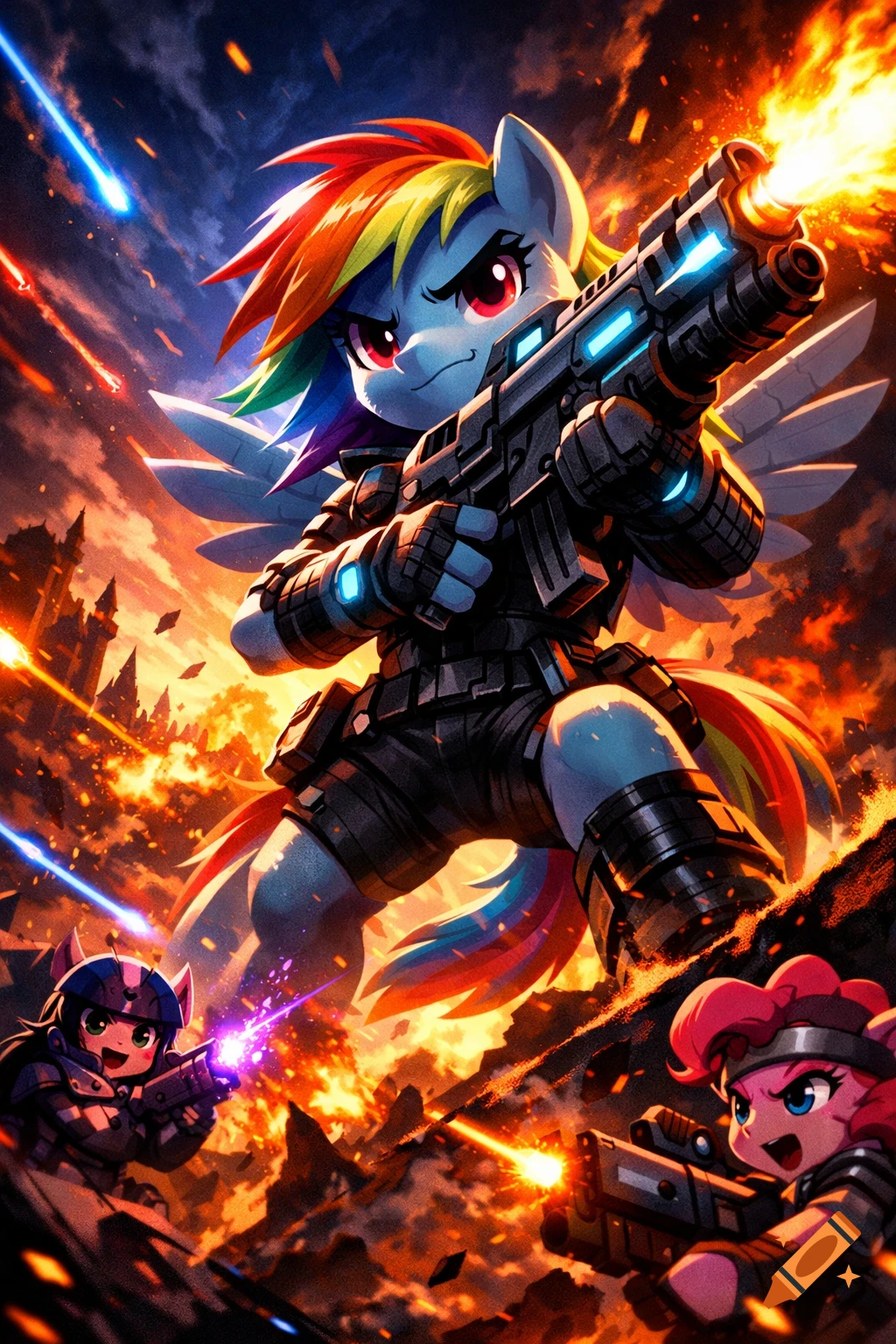 Rainbow Dash and other My Little Pony characters in tactical gear fire futuristic weapons amidst a fiery battle scene.