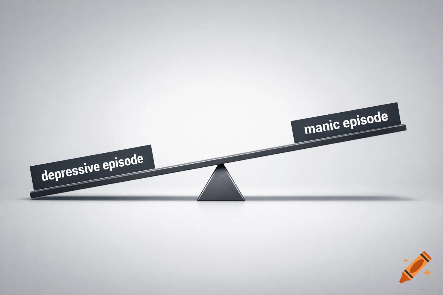 A photorealistic seesaw model with 'depressive episode' on the lowered left end and 'manic episode' on the raised right end.